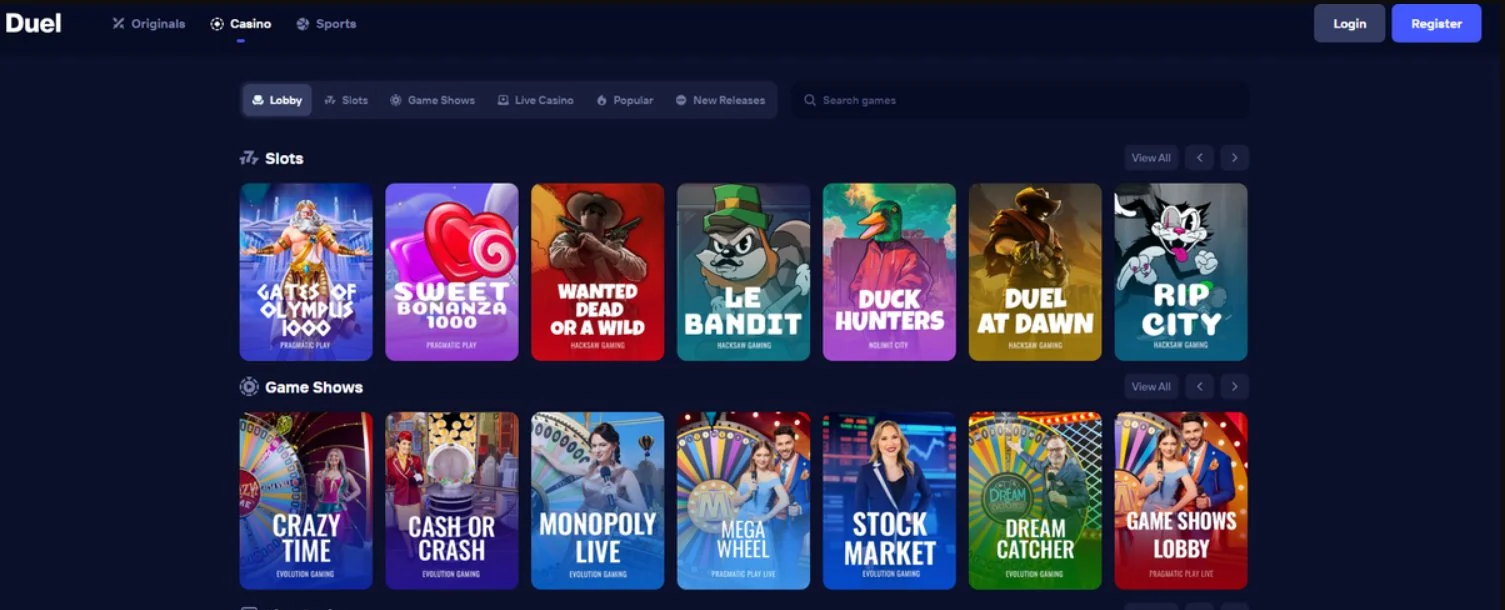 Duel Casino lobby — Slots · Game Shows (Crazy Time, Monopoly Live) · Pragmatic Play · Hacksaw · Nolimit City · Evolution