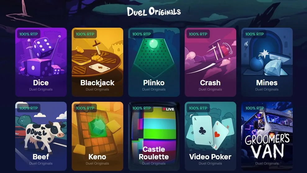 Duel Originals — 100% RTP on all games: Dice · Blackjack · Plinko · Crash · Mines · Beef · Keno · Castle Roulette · Video Poker · Groomer's Van