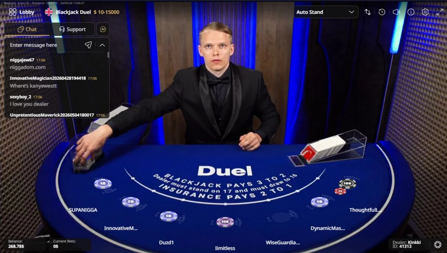 Live Blackjack Duel Casino — zahlt 3:2 · Dealer steht auf 17 · Provably Fair · $10–$15.000