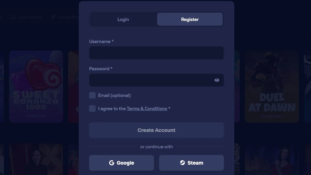 Duel Casino — registo apenas com Nome de utilizador + Senha. Email opcional. Sem documentos.