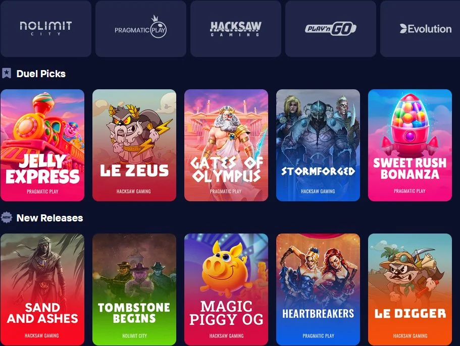 Duel Casino slots — providers: Nolimit City · Pragmatic Play · Hacksaw Gaming · Play'n GO · Evolution · Duel Picks selection